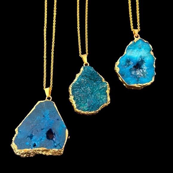 Unique Raw Blue Agate or Quartz Pendant Necklace — Gilded Edge & Gold Tone Chain - Picture 1 of 7